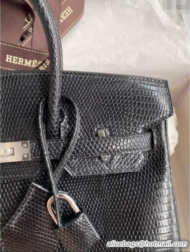 Top Quality Hermes Birkin 25 Bag in Shiny Varanus Niloticus Lizard Leather HB25 Black/Silver 2025 (Full Handmade)