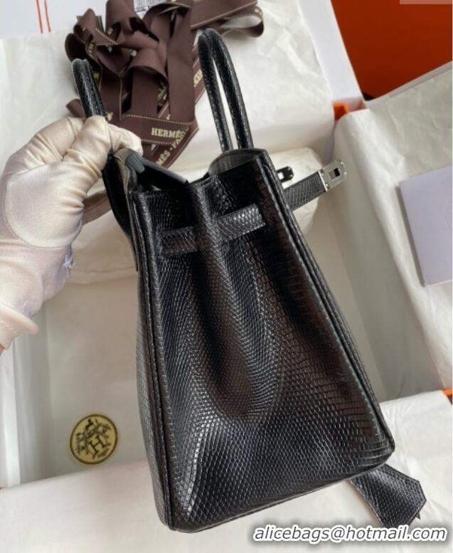 Top Quality Hermes Birkin 25 Bag in Shiny Varanus Niloticus Lizard Leather HB25 Black/Silver 2025 (Full Handmade)