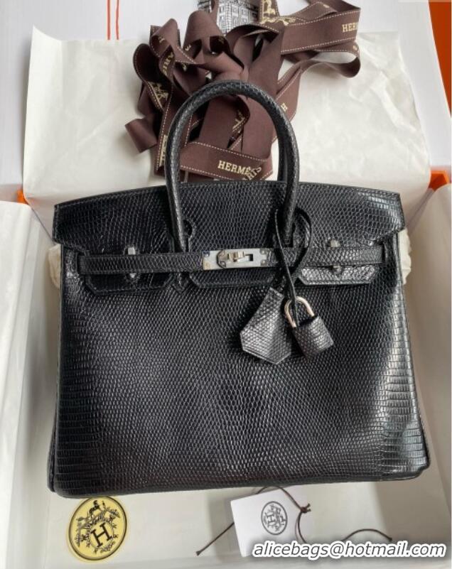 Top Quality Hermes Birkin 25 Bag in Shiny Varanus Niloticus Lizard Leather HB25 Black/Silver 2025 (Full Handmade)