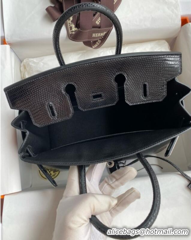 Top Quality Hermes Birkin 25 Bag in Shiny Varanus Niloticus Lizard Leather HB25 Black/Silver 2025 (Full Handmade)