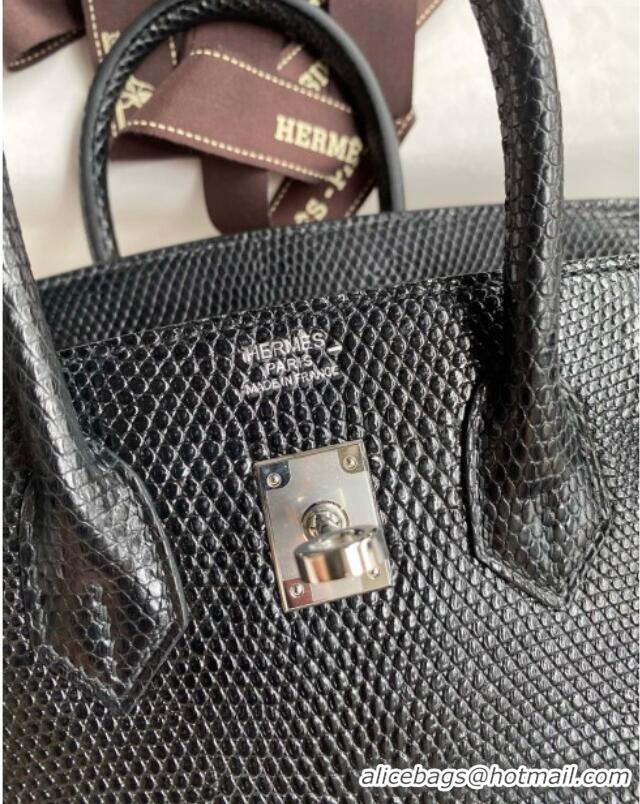Top Quality Hermes Birkin 25 Bag in Shiny Varanus Niloticus Lizard Leather HB25 Black/Silver 2025 (Full Handmade)