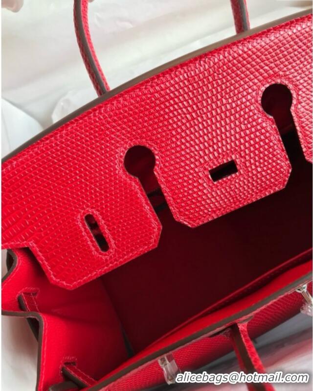 Best Price Hermes Birkin 25 Bag in Shiny Varanus Niloticus Lizard Leather Flag HB25 Red/Silver 2025 (Full Handmade)