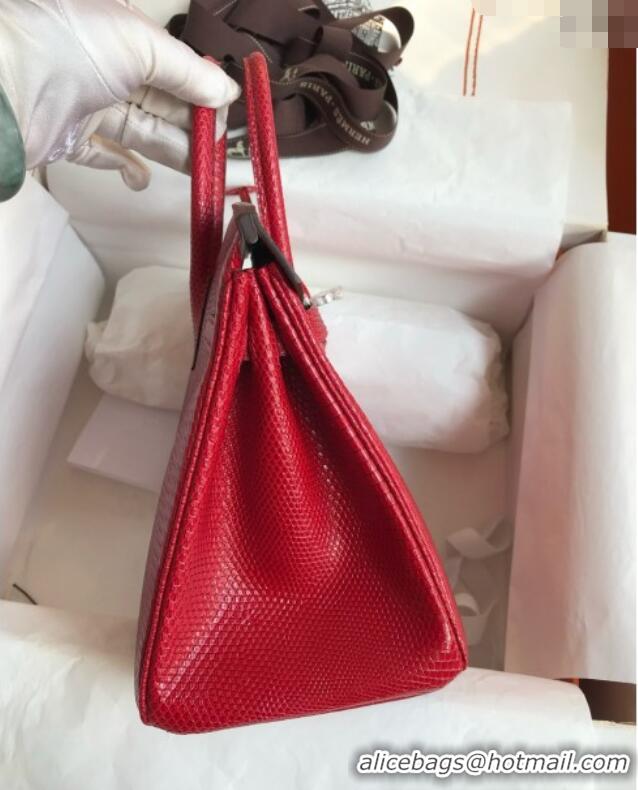 Best Price Hermes Birkin 25 Bag in Shiny Varanus Niloticus Lizard Leather Flag HB25 Red/Silver 2025 (Full Handmade)