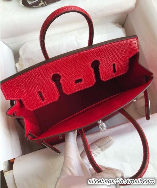 Best Price Hermes Birkin 25 Bag in Shiny Varanus Niloticus Lizard Leather Flag HB25 Red/Silver 2025 (Full Handmade)