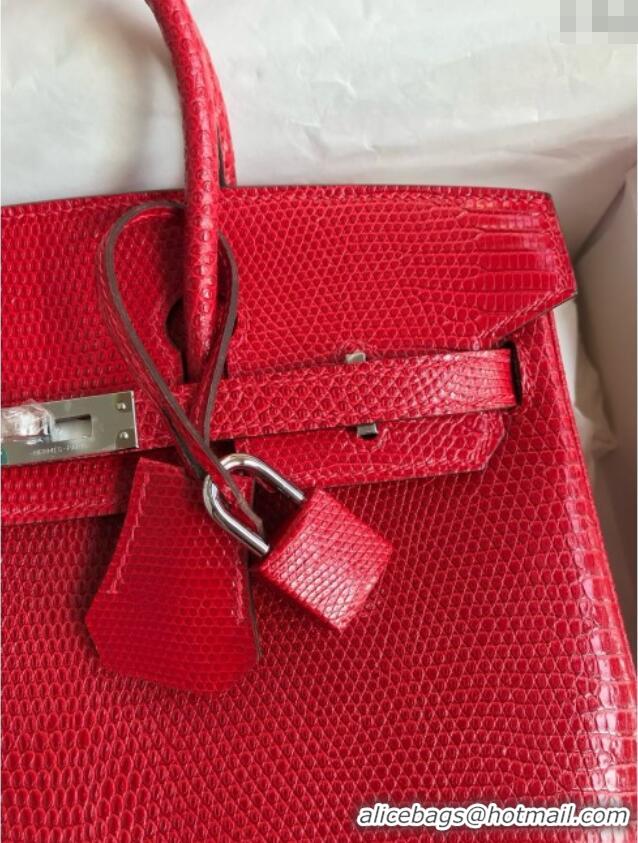 Best Price Hermes Birkin 25 Bag in Shiny Varanus Niloticus Lizard Leather Flag HB25 Red/Silver 2025 (Full Handmade)