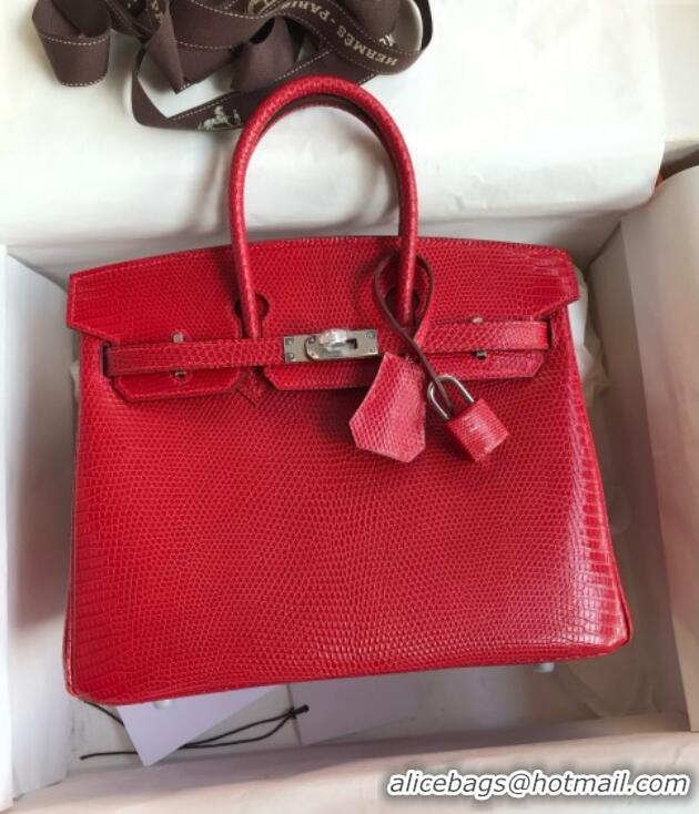 Best Price Hermes Birkin 25 Bag in Shiny Varanus Niloticus Lizard Leather Flag HB25 Red/Silver 2025 (Full Handmade)