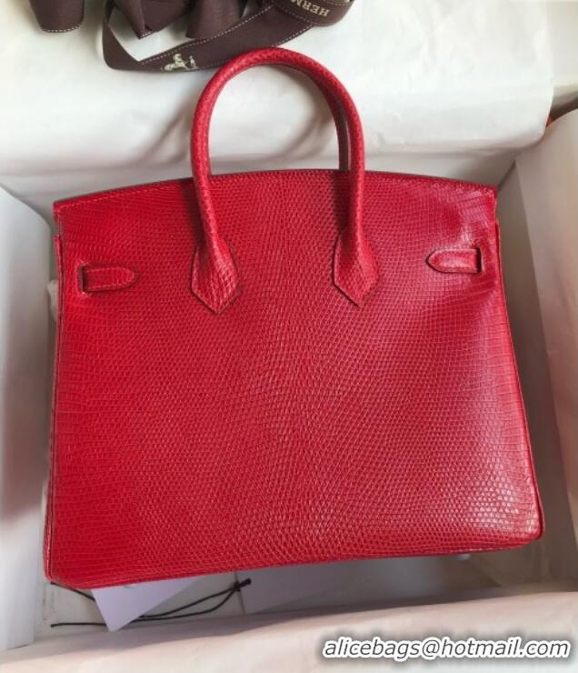 Best Price Hermes Birkin 25 Bag in Shiny Varanus Niloticus Lizard Leather Flag HB25 Red/Silver 2025 (Full Handmade)
