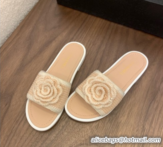 Sophisticated Chanel Knit Flat Slides Sandal with Camellia Bloom Beige 2025 CH061024