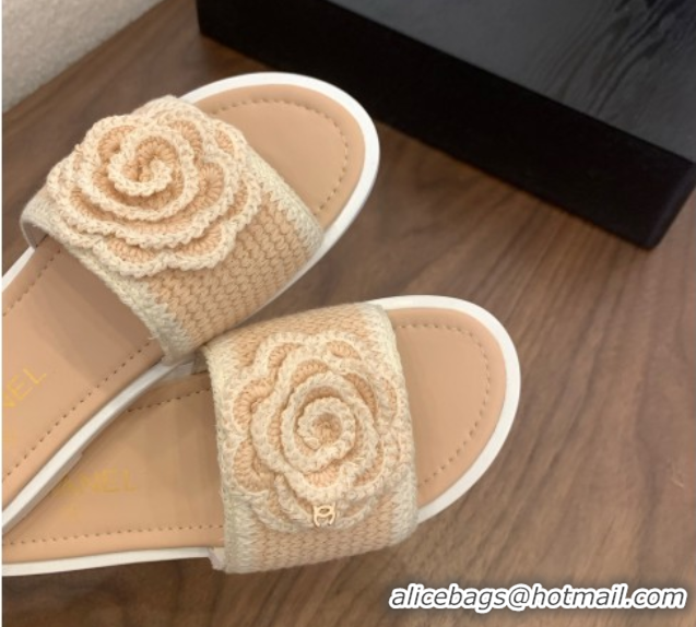 Sophisticated Chanel Knit Flat Slides Sandal with Camellia Bloom Beige 2025 CH061024