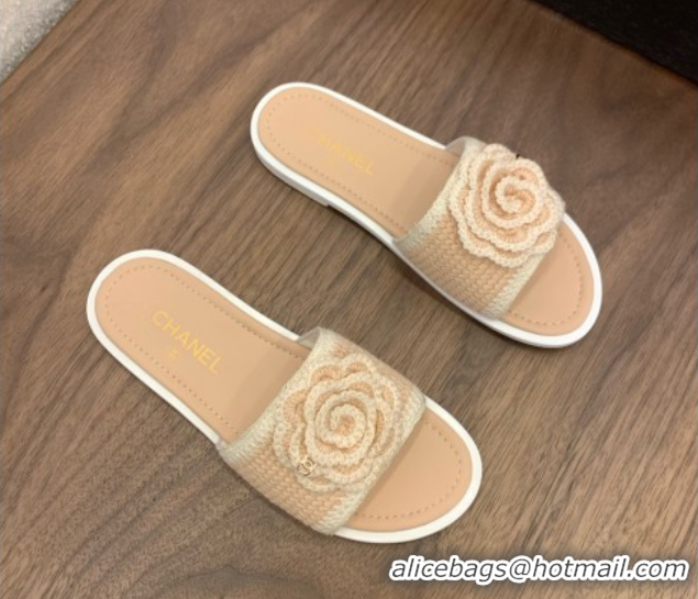 Sophisticated Chanel Knit Flat Slides Sandal with Camellia Bloom Beige 2025 CH061024