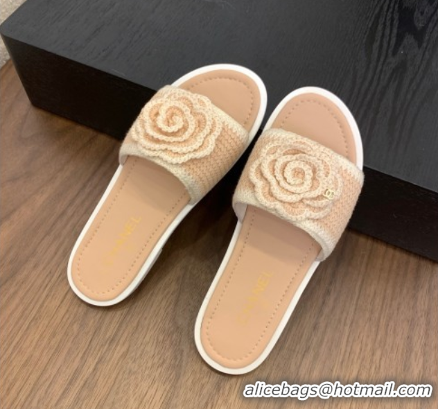 Sophisticated Chanel Knit Flat Slides Sandal with Camellia Bloom Beige 2025 CH061024