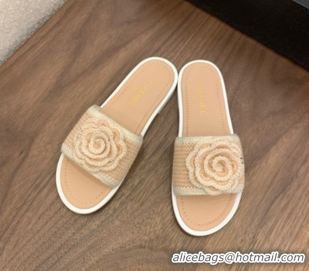 Sophisticated Chanel Knit Flat Slides Sandal with Camellia Bloom Beige 2025 CH061024