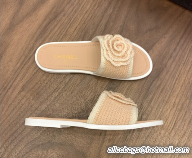 Sophisticated Chanel Knit Flat Slides Sandal with Camellia Bloom Beige 2025 CH061024