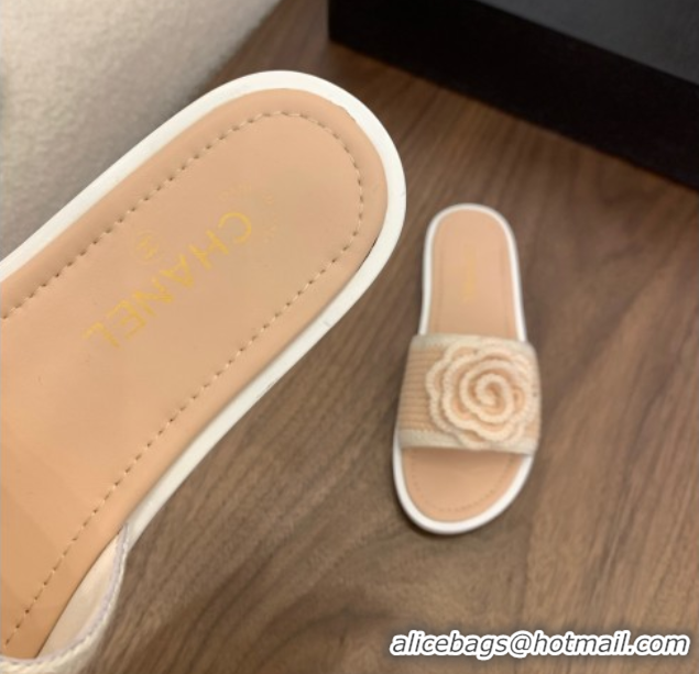 Sophisticated Chanel Knit Flat Slides Sandal with Camellia Bloom Beige 2025 CH061024