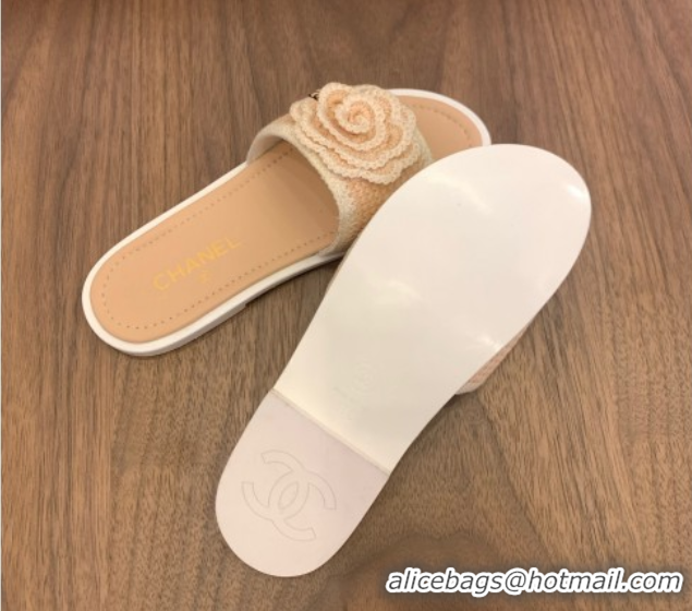Sophisticated Chanel Knit Flat Slides Sandal with Camellia Bloom Beige 2025 CH061024