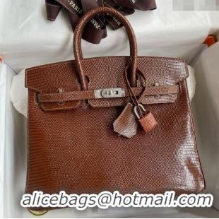 Best Quality Hermes Birkin 25 Bag in Shiny Varanus Niloticus Lizard Leather HB25 Chocolate Brown/Silver 2025 (Full Handm