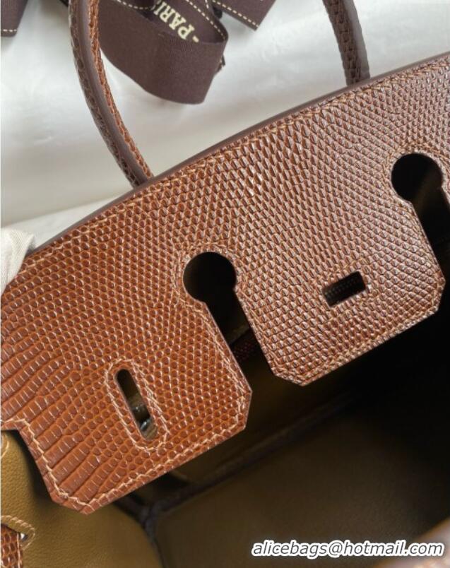 Best Quality Hermes Birkin 25 Bag in Shiny Varanus Niloticus Lizard Leather HB25 Chocolate Brown/Silver 2025 (Full Handm