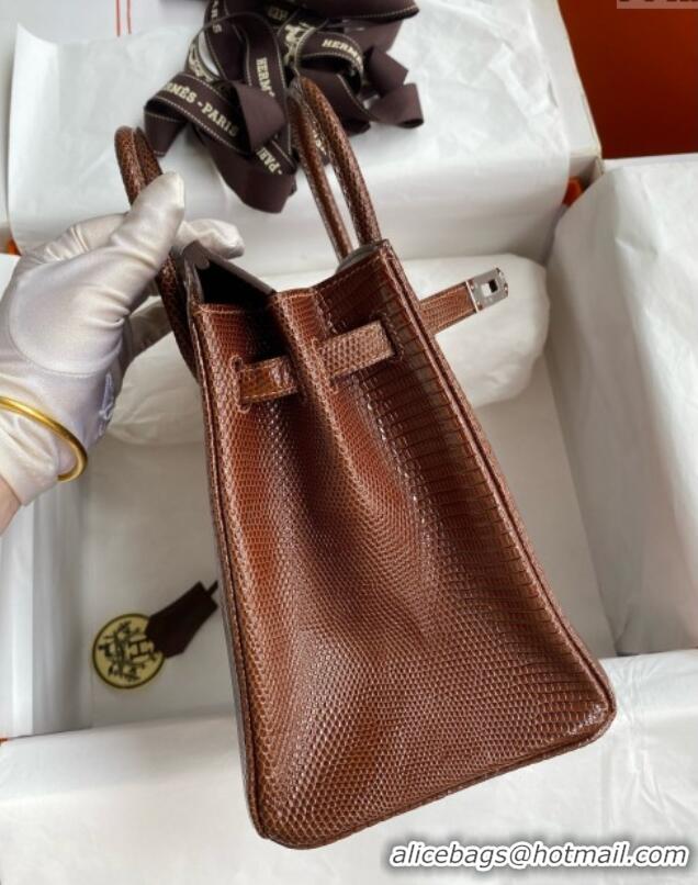 Best Quality Hermes Birkin 25 Bag in Shiny Varanus Niloticus Lizard Leather HB25 Chocolate Brown/Silver 2025 (Full Handm
