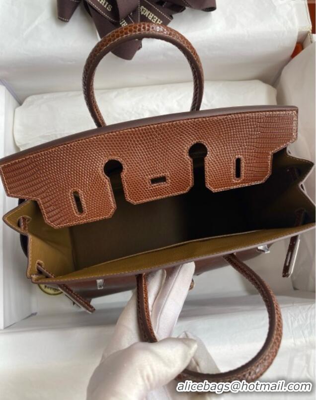 Best Quality Hermes Birkin 25 Bag in Shiny Varanus Niloticus Lizard Leather HB25 Chocolate Brown/Silver 2025 (Full Handm