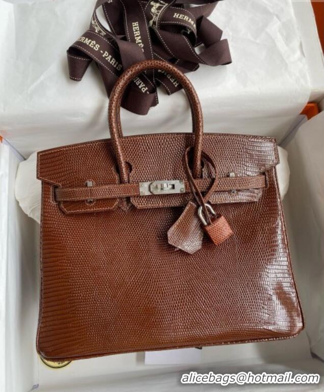 Best Quality Hermes Birkin 25 Bag in Shiny Varanus Niloticus Lizard Leather HB25 Chocolate Brown/Silver 2025 (Full Handm