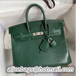 Pretty Style Hermes Birkin 25 Bag in Original Shiny Lizard Leather HB25 Peacock Green/Silver 2025 (Full Handmade)