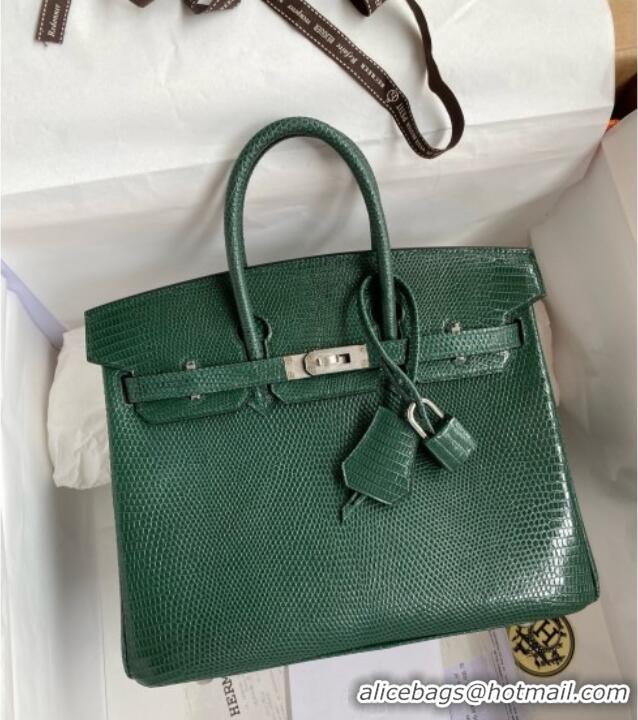 Pretty Style Hermes Birkin 25 Bag in Original Shiny Lizard Leather HB25 Peacock Green/Silver 2025 (Full Handmade)