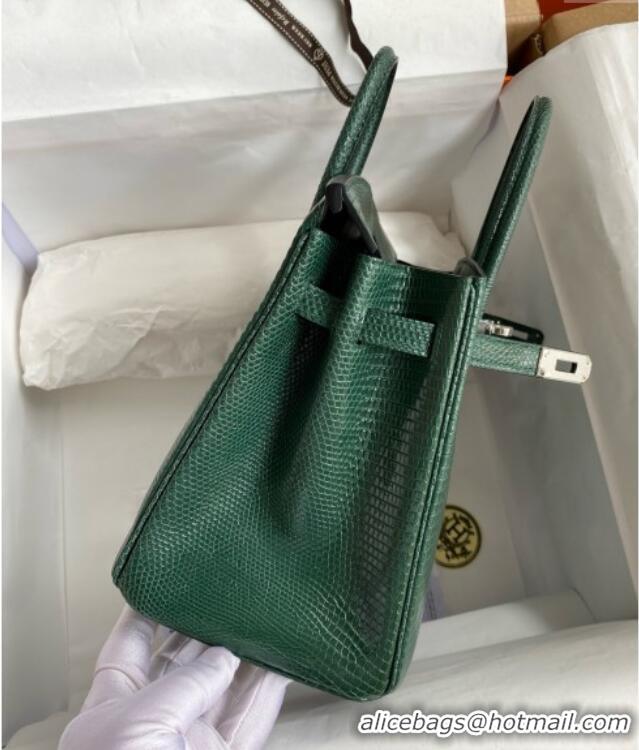 Pretty Style Hermes Birkin 25 Bag in Original Shiny Lizard Leather HB25 Peacock Green/Silver 2025 (Full Handmade)