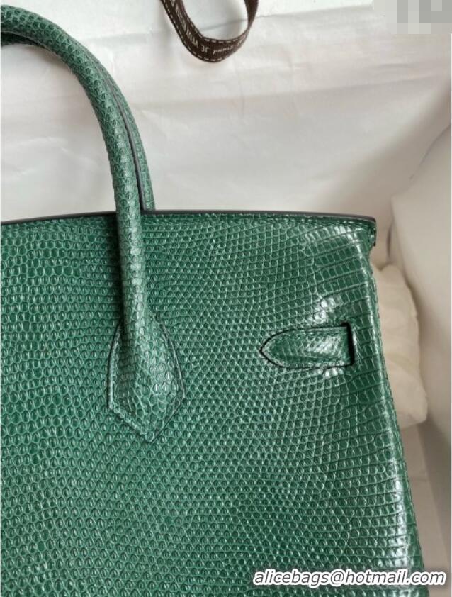 Pretty Style Hermes Birkin 25 Bag in Original Shiny Lizard Leather HB25 Peacock Green/Silver 2025 (Full Handmade)