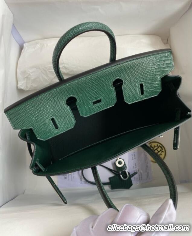 Pretty Style Hermes Birkin 25 Bag in Original Shiny Lizard Leather HB25 Peacock Green/Silver 2025 (Full Handmade)
