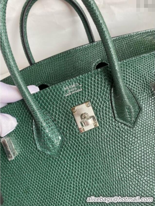 Pretty Style Hermes Birkin 25 Bag in Original Shiny Lizard Leather HB25 Peacock Green/Silver 2025 (Full Handmade)