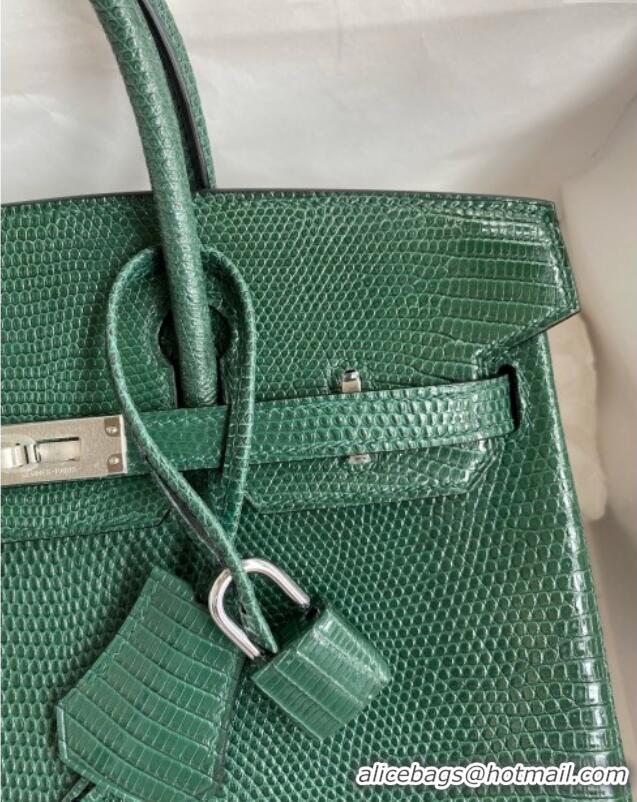 Pretty Style Hermes Birkin 25 Bag in Original Shiny Lizard Leather HB25 Peacock Green/Silver 2025 (Full Handmade)