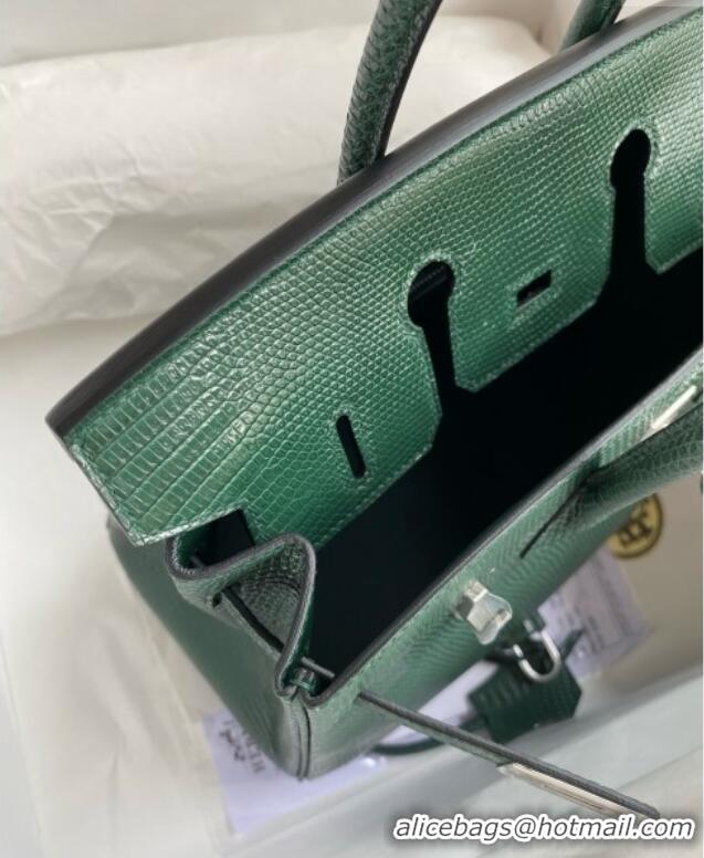 Pretty Style Hermes Birkin 25 Bag in Original Shiny Lizard Leather HB25 Peacock Green/Silver 2025 (Full Handmade)