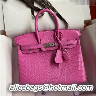 Top Design Hermes Birkin 25 Bag in Original Shiny Lizard Leather HB25 Candy Pink/Silver 2025 (Full Handmade)