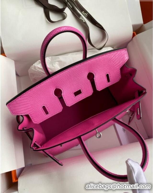 Top Design Hermes Birkin 25 Bag in Original Shiny Lizard Leather HB25 Candy Pink/Silver 2025 (Full Handmade)