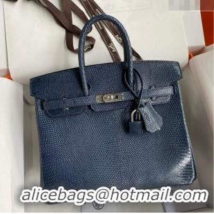 Well Crafted Hermes Birkin 25 Bag in Original Shiny Lizard Leather HB25 Deep Blue/Silver 2025 (Full Handmade)