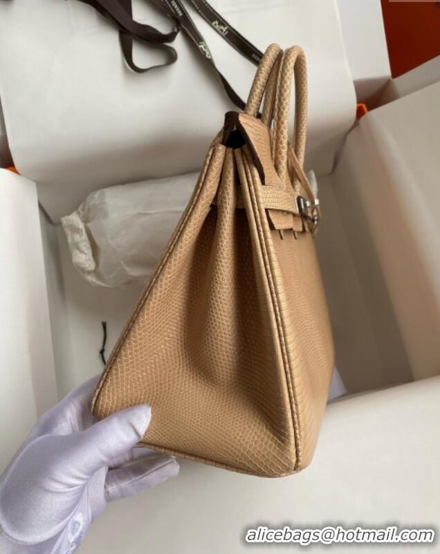 Promotional Hermes Birkin 25 Bag in Original Shiny Lizard Leather HB25 Apricot/Silver 2025 (Full Handmade)