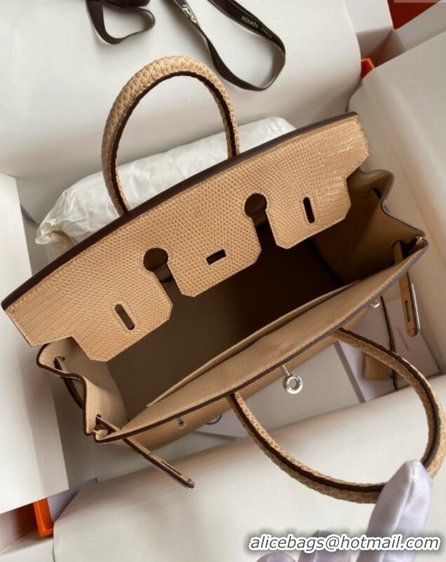 Promotional Hermes Birkin 25 Bag in Original Shiny Lizard Leather HB25 Apricot/Silver 2025 (Full Handmade)