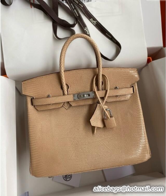Promotional Hermes Birkin 25 Bag in Original Shiny Lizard Leather HB25 Apricot/Silver 2025 (Full Handmade)