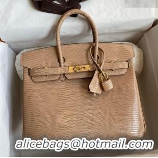 Top Grade Hermes Birkin 25 Bag in Original Shiny Lizard Leather HB25 Apricot/Gold 2025 (Full Handmade)