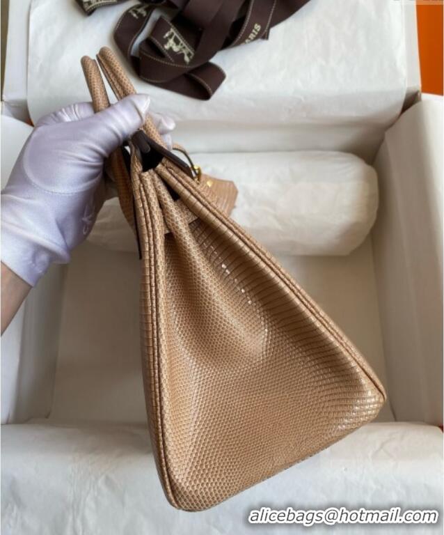 Top Grade Hermes Birkin 25 Bag in Original Shiny Lizard Leather HB25 Apricot/Gold 2025 (Full Handmade)