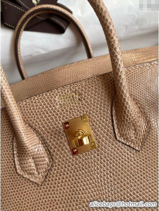 Top Grade Hermes Birkin 25 Bag in Original Shiny Lizard Leather HB25 Apricot/Gold 2025 (Full Handmade)
