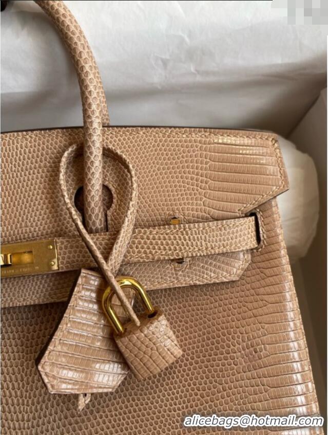 Top Grade Hermes Birkin 25 Bag in Original Shiny Lizard Leather HB25 Apricot/Gold 2025 (Full Handmade)