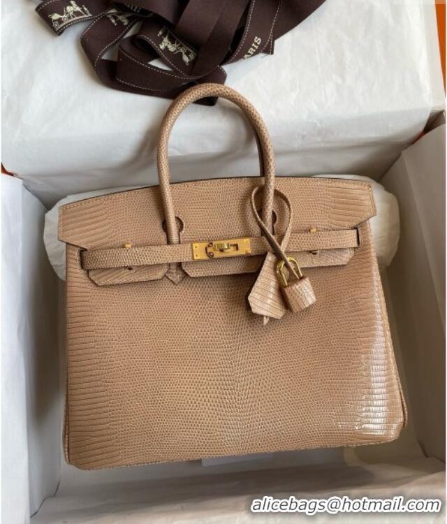 Top Grade Hermes Birkin 25 Bag in Original Shiny Lizard Leather HB25 Apricot/Gold 2025 (Full Handmade)