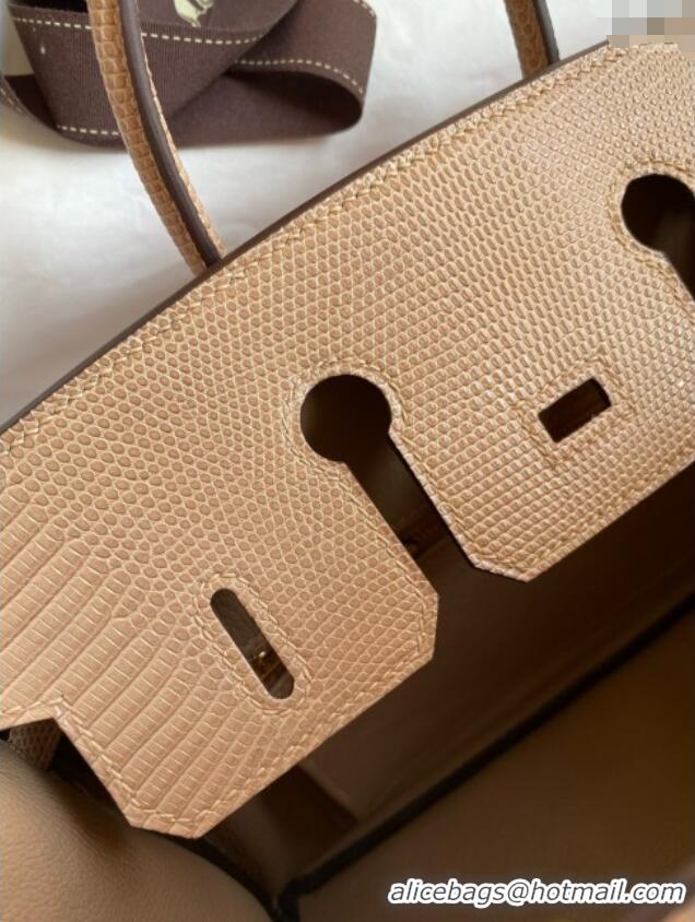 Top Grade Hermes Birkin 25 Bag in Original Shiny Lizard Leather HB25 Apricot/Gold 2025 (Full Handmade)