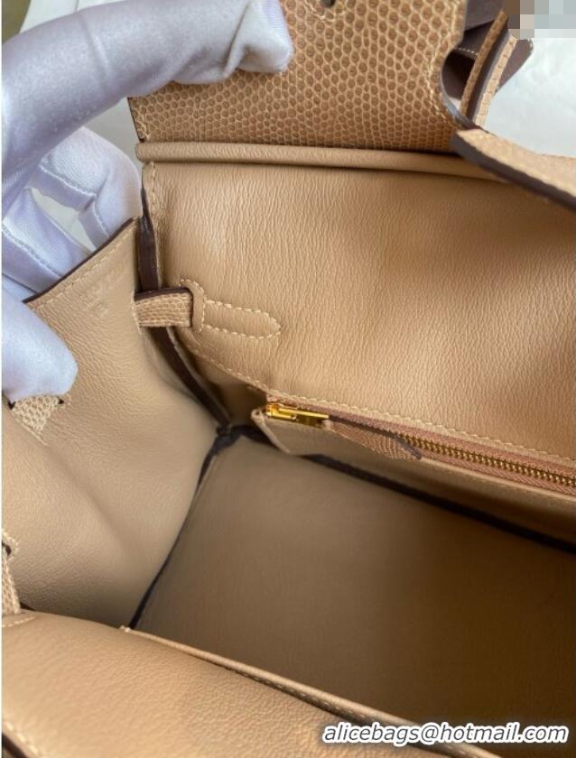 Top Grade Hermes Birkin 25 Bag in Original Shiny Lizard Leather HB25 Apricot/Gold 2025 (Full Handmade)