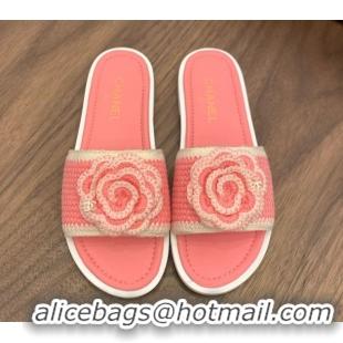 Stylish Chanel Knit Flat Slides Sandal with Camellia Bloom Pink 2025 CH061024
