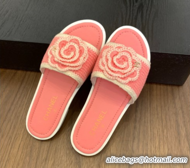 Stylish Chanel Knit Flat Slides Sandal with Camellia Bloom Pink 2025 CH061024