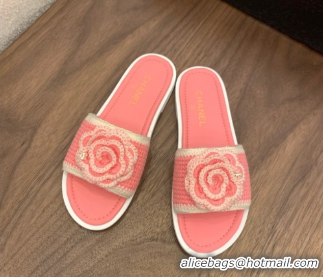 Stylish Chanel Knit Flat Slides Sandal with Camellia Bloom Pink 2025 CH061024