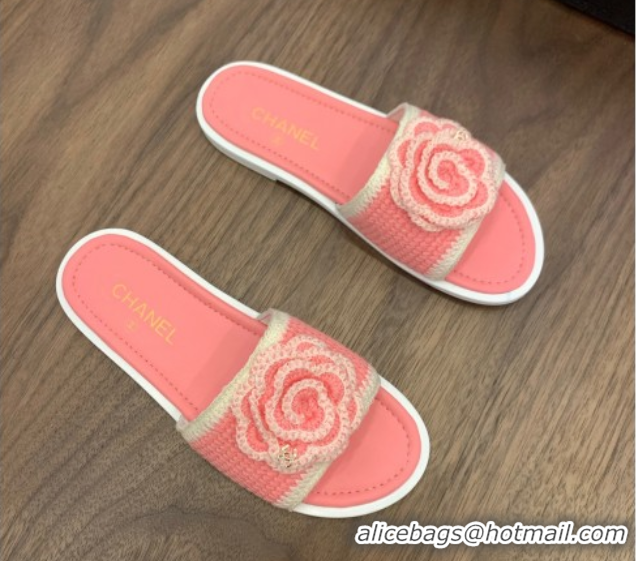 Stylish Chanel Knit Flat Slides Sandal with Camellia Bloom Pink 2025 CH061024