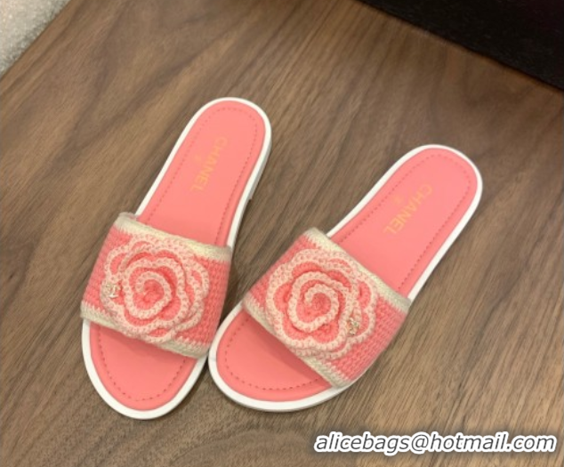 Stylish Chanel Knit Flat Slides Sandal with Camellia Bloom Pink 2025 CH061024